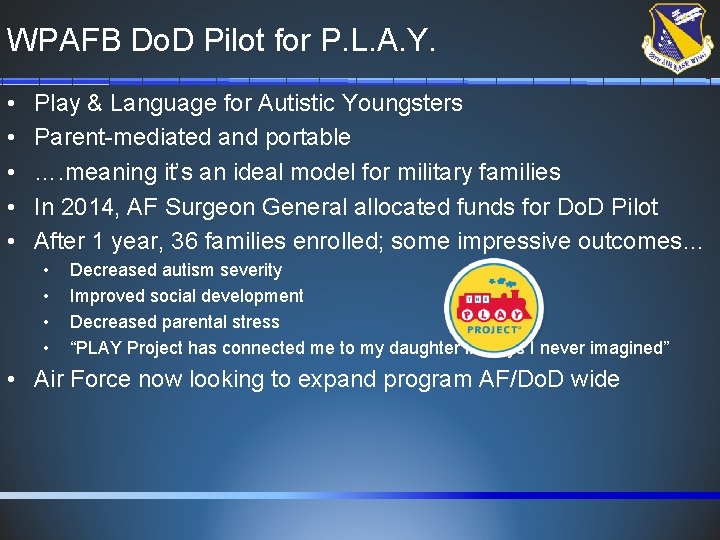 WPAFB Do. D Pilot for P. L. A. Y. • • • Play &