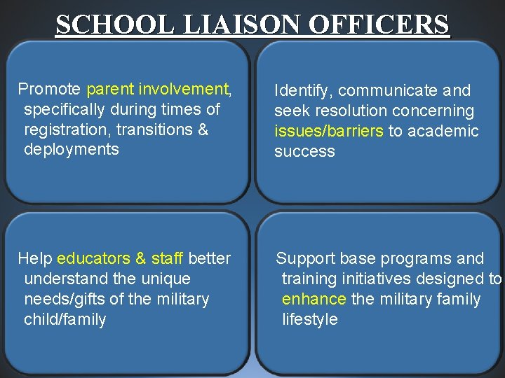 SCHOOL LIAISON OFFICERS Promote parent involvement, specifically during times of registration, transitions & deployments