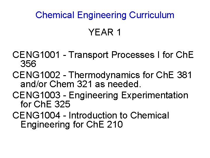 Chemical Engineering Curriculum YEAR 1 CENG 1001 - Transport Processes I for Ch. E