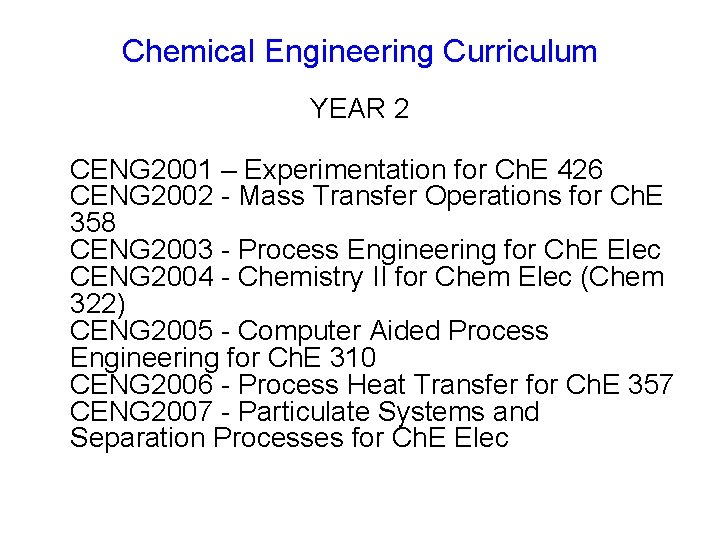 Chemical Engineering Curriculum YEAR 2 CENG 2001 – Experimentation for Ch. E 426 CENG