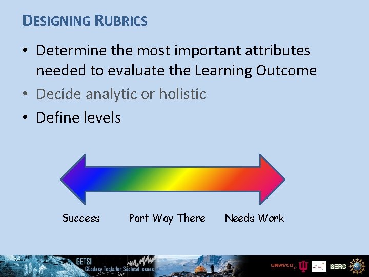 DESIGNING RUBRICS • Determine the most important attributes needed to evaluate the Learning Outcome