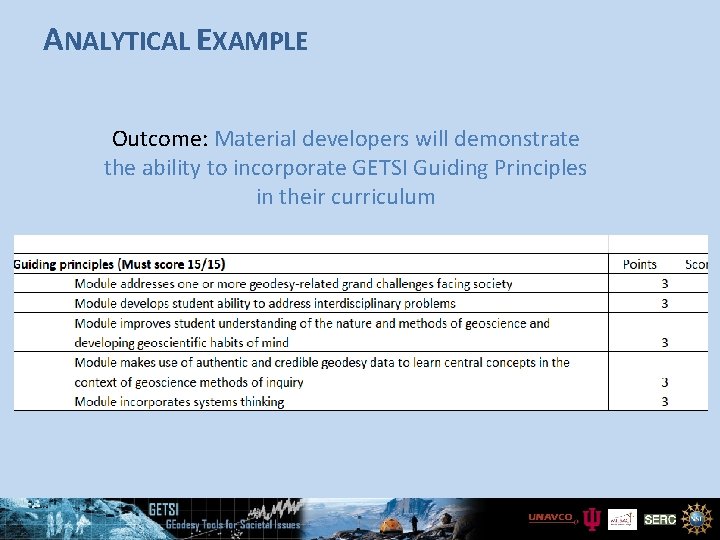 ANALYTICAL EXAMPLE Outcome: Material developers will demonstrate the ability to incorporate GETSI Guiding Principles