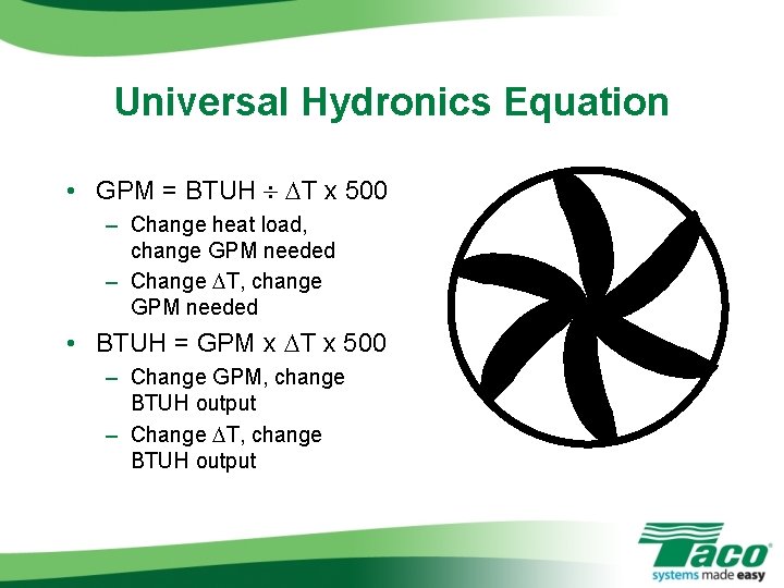 Universal Hydronics Equation • GPM = BTUH ¸ DT x 500 – Change heat