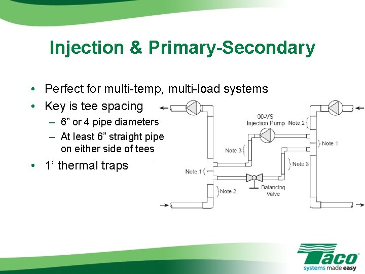 Injection & Primary-Secondary • Perfect for multi-temp, multi-load systems • Key is tee spacing