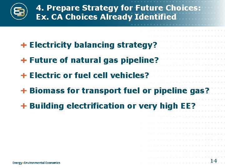 4. Prepare Strategy for Future Choices: Ex. CA Choices Already Identified Electricity balancing strategy?