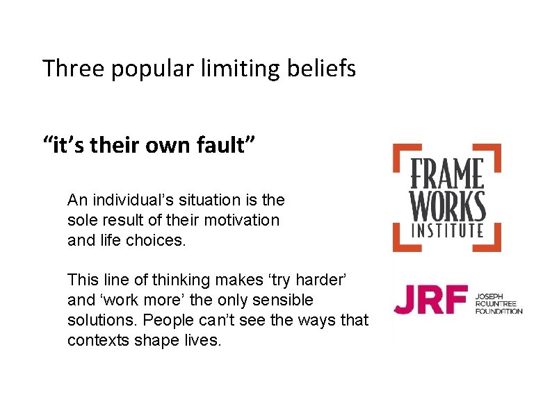 Three popular limiting beliefs “it’s their own fault” An individual’s situation is the sole