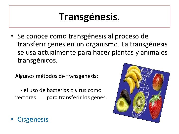 Transgénesis. • Se conoce como transgénesis al proceso de transferir genes en un organismo.