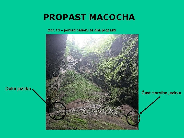 PROPAST MACOCHA Obr. 10 – pohled nahoru ze dna propasti Dolní jezírko Část Horního