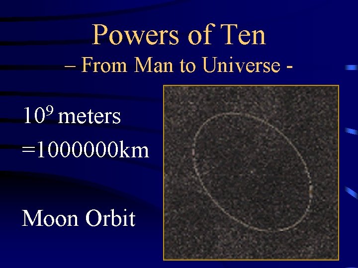 Powers of Ten – From Man to Universe - 109 meters =1000000 km Moon