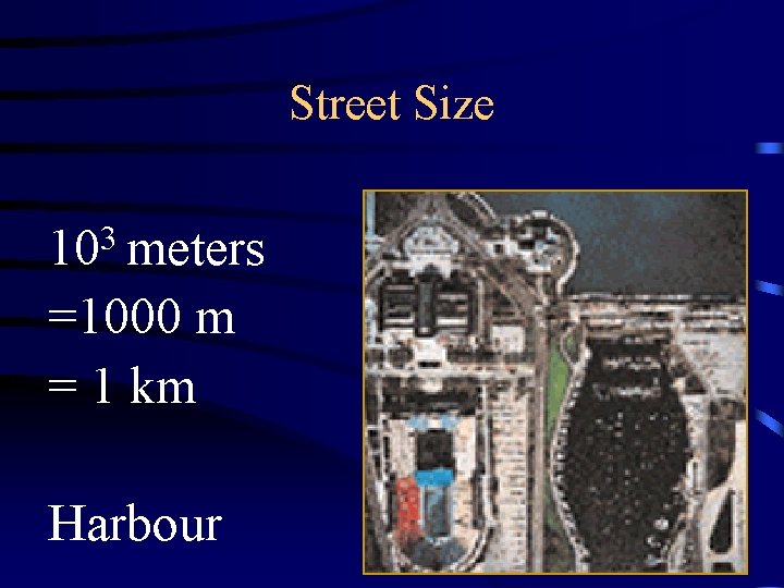 Street Size 103 meters =1000 m = 1 km Harbour 