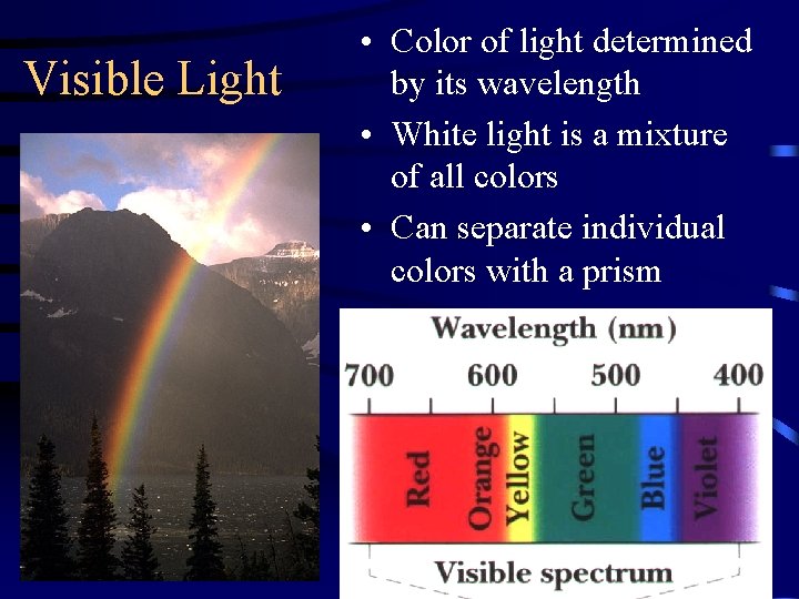 Visible Light • Color of light determined by its wavelength • White light is