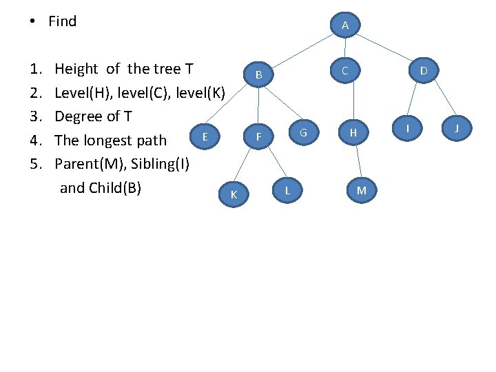  • Find 1. Height of the tree T 2. Level(H), level(C), level(K) 3.