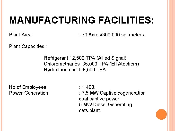 MANUFACTURING FACILITIES: Plant Area : 70 Acres/300, 000 sq. meters. Plant Capacities : Refrigerant