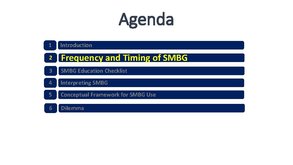 Agenda 1 Introduction 2 Frequency and Timing of SMBG 3 SMBG Education Checklist 4