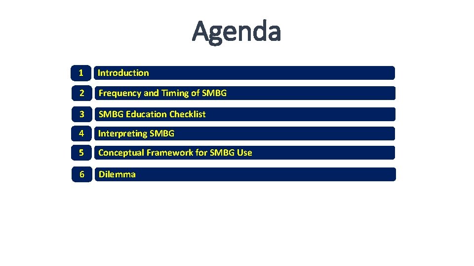 Agenda 1 Introduction 2 Frequency and Timing of SMBG 3 SMBG Education Checklist 4