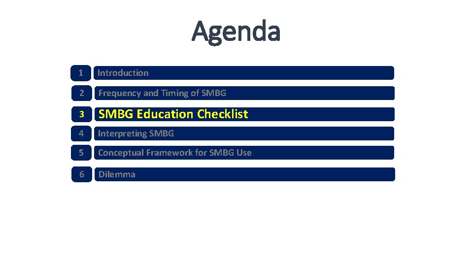 Agenda 1 Introduction 2 Frequency and Timing of SMBG 3 SMBG Education Checklist 4