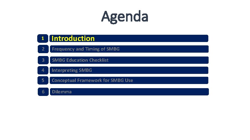 Agenda 1 Introduction 2 Frequency and Timing of SMBG 3 SMBG Education Checklist 4