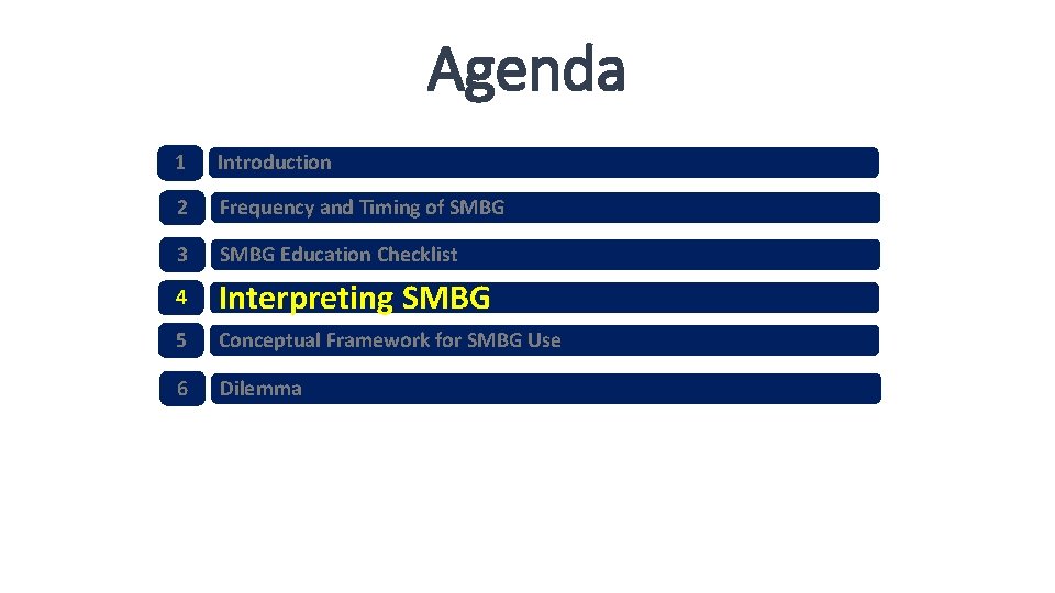 Agenda 1 Introduction 2 Frequency and Timing of SMBG 3 SMBG Education Checklist 4