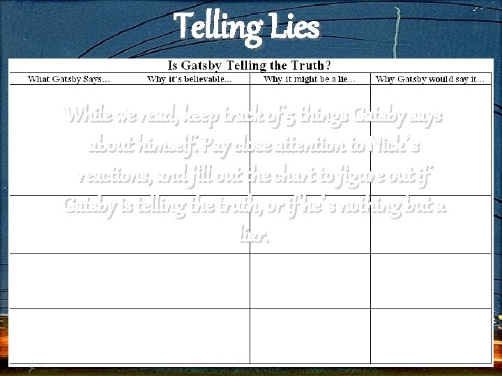 Telling Lies While we read, keep track of 5 things Gatsby says about himself.