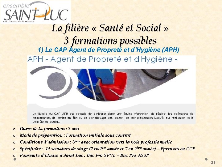 La filière « Santé et Social » 3 formations possibles 1) Le CAP Agent