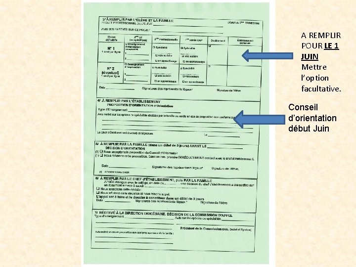 A REMPLIR POUR LE 1 JUIN Mettre l’option facultative. Conseil d’orientation début Juin 