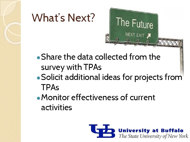 What’s Next? ● Share the data collected from the survey with TPAs ● Solicit