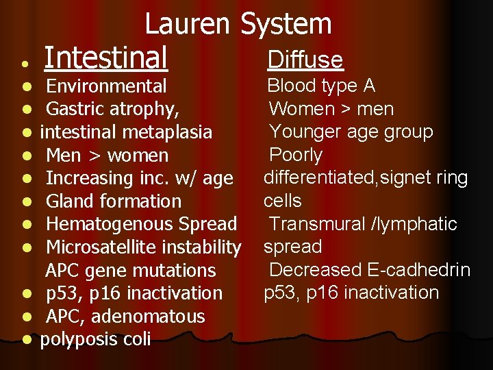 l Lauren System Diffuse Intestinal Environmental Gastric atrophy, intestinal metaplasia Men > women Increasing