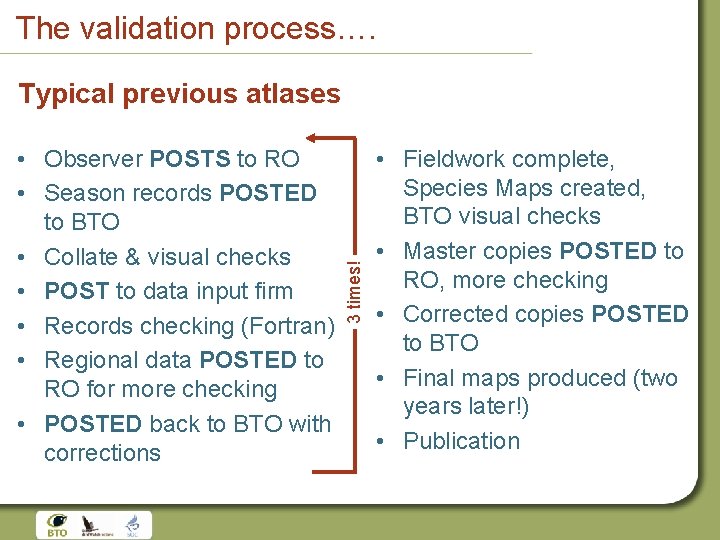 The validation process…. • Observer POSTS to RO • Season records POSTED to BTO