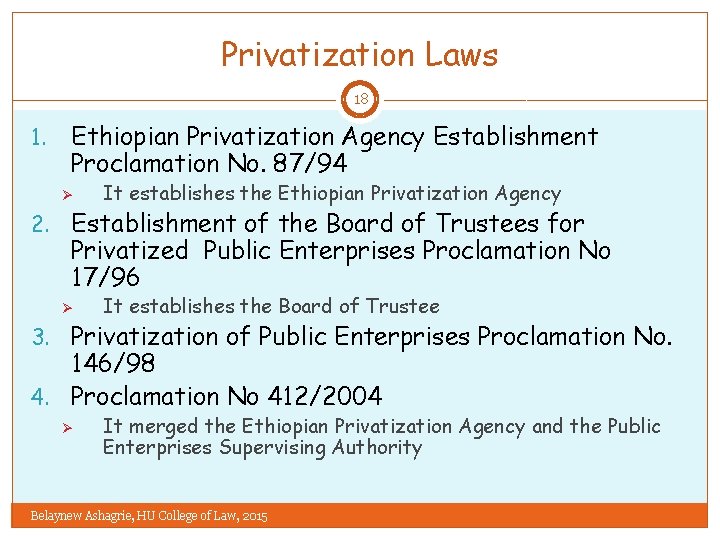 Privatization Laws 18 1. Ethiopian Privatization Agency Establishment Proclamation No. 87/94 Ø 2. It