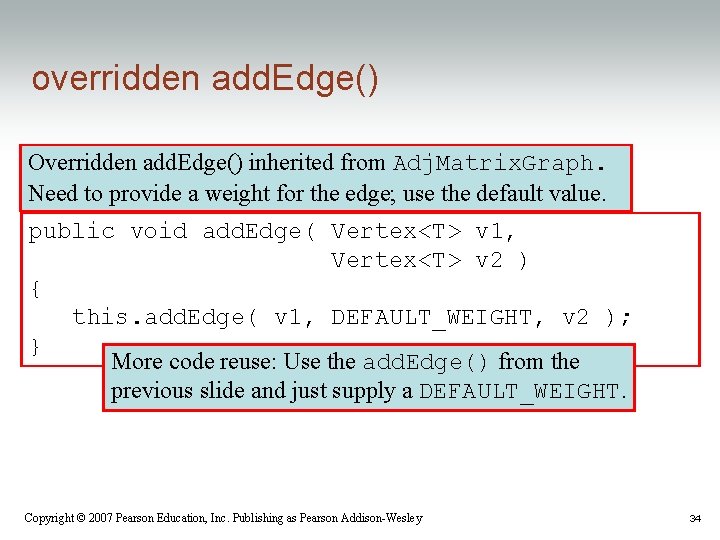 overridden add. Edge() Overridden add. Edge() inherited from Adj. Matrix. Graph. Need to provide