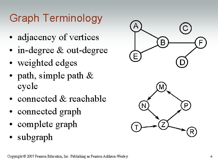 Graph Terminology • • adjacency of vertices in-degree & out-degree weighted edges path, simple