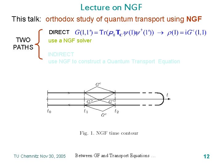 Lecture on NGF This talk: orthodox study of quantum transport using NGF TWO PATHS
