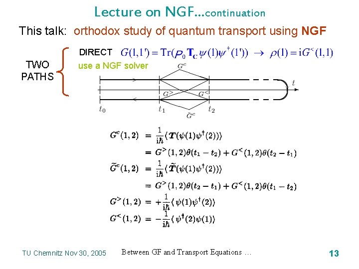 Lecture on NGF…continuation This talk: orthodox study of quantum transport using NGF TWO PATHS
