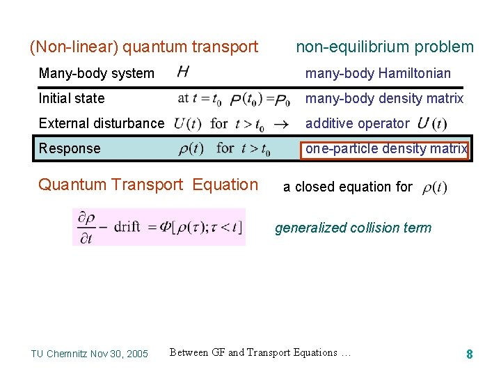 (Non-linear) quantum transport non-equilibrium problem Many-body system many-body Hamiltonian Initial state many-body density matrix
