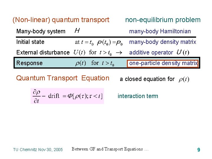 (Non-linear) quantum transport non-equilibrium problem Many-body system many-body Hamiltonian Initial state many-body density matrix