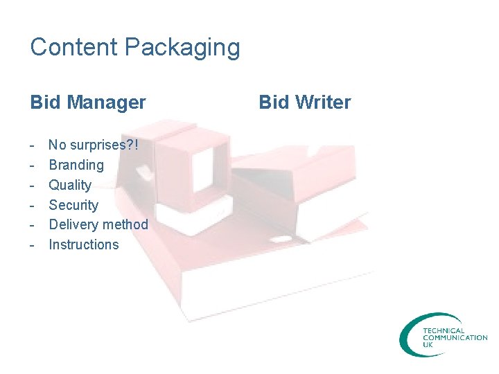 Content Packaging Bid Manager - No surprises? ! Branding Quality Security Delivery method Instructions