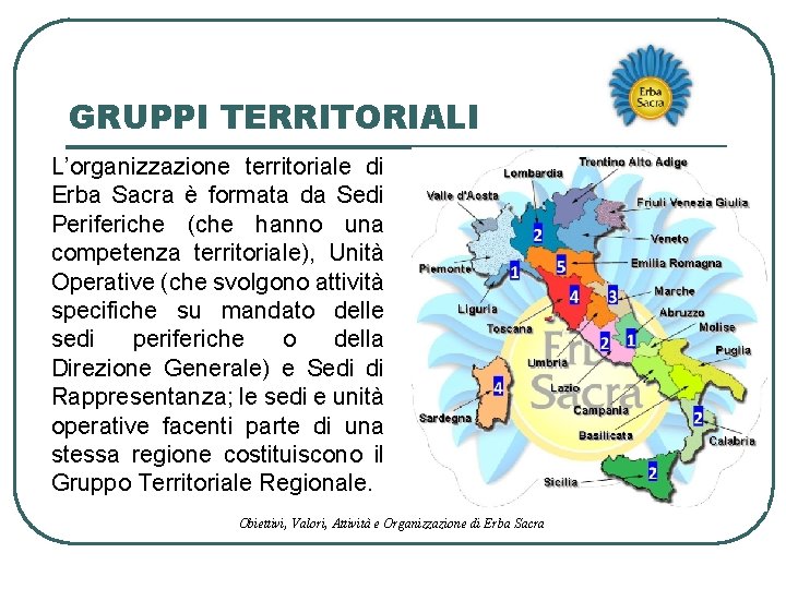 GRUPPI TERRITORIALI L’organizzazione territoriale di Erba Sacra è formata da Sedi Periferiche (che hanno