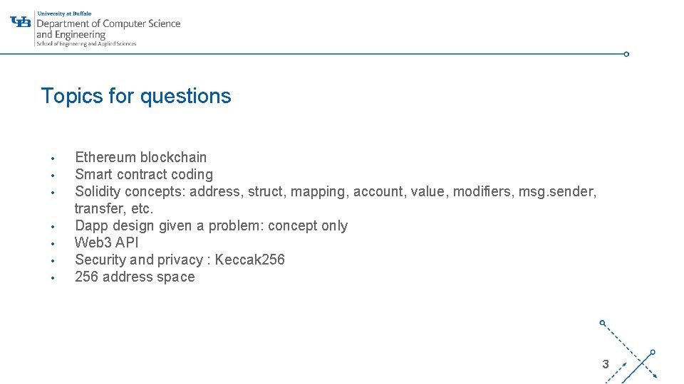 Topics for questions • • Ethereum blockchain Smart contract coding Solidity concepts: address, struct,