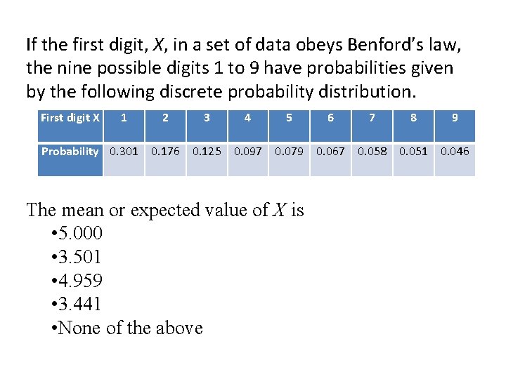 If the first digit, X, in a set of data obeys Benford’s law, the