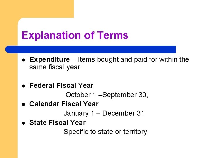 Explanation of Terms l Expenditure – Items bought and paid for within the same