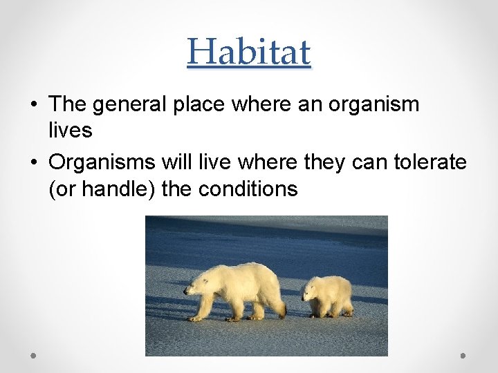 Habitat • The general place where an organism lives • Organisms will live where