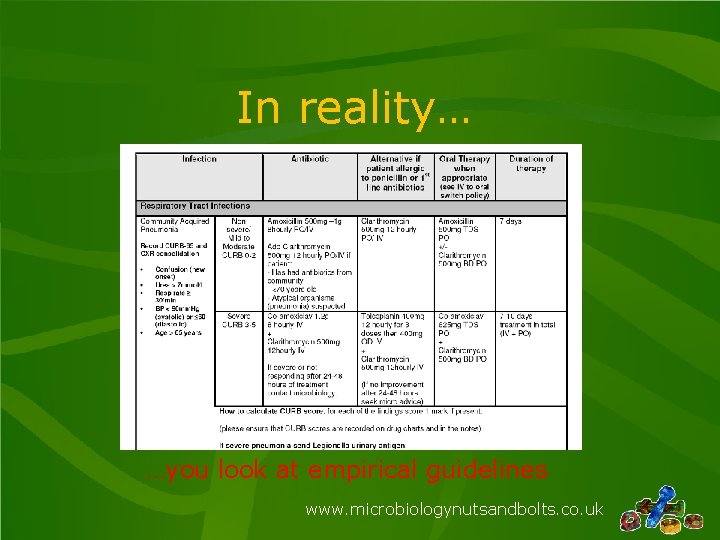 In reality… …you look at empirical guidelines www. microbiologynutsandbolts. co. uk 