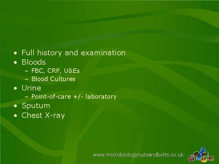  • Full history and examination • Bloods – FBC, CRP, U&Es – Blood