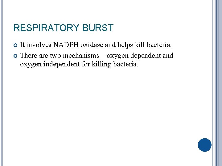 RESPIRATORY BURST It involves NADPH oxidase and helps kill bacteria. There are two mechanisms