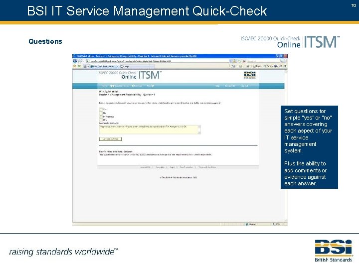10 BSI IT Service Management Quick-Check Questions Set questions for simple “yes” or “no”