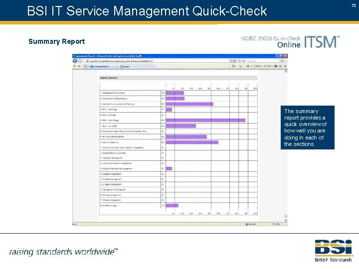 13 BSI IT Service Management Quick-Check Summary Report The summary report provides a quick