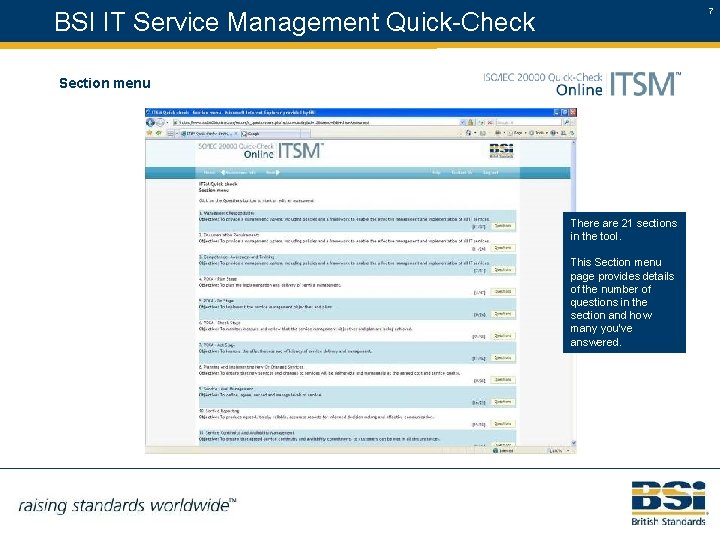 7 BSI IT Service Management Quick-Check Section menu There are 21 sections in the