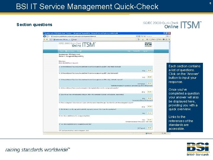 8 BSI IT Service Management Quick-Check Section questions Each section contains a list of