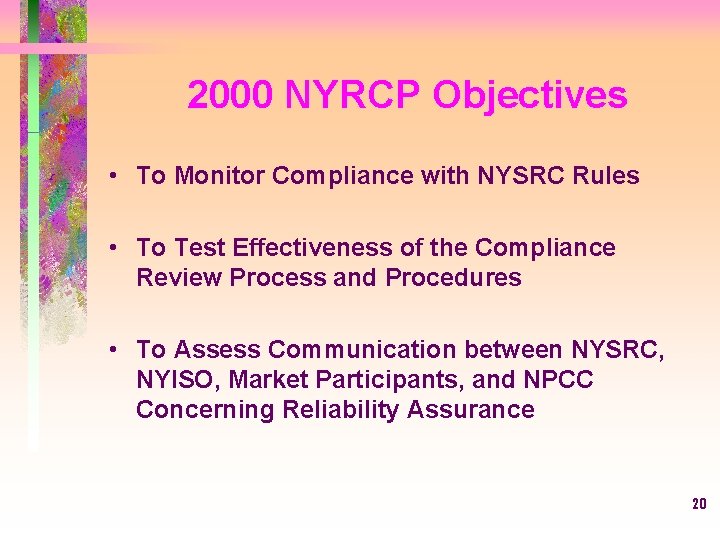 2000 NYRCP Objectives • To Monitor Compliance with NYSRC Rules • To Test Effectiveness