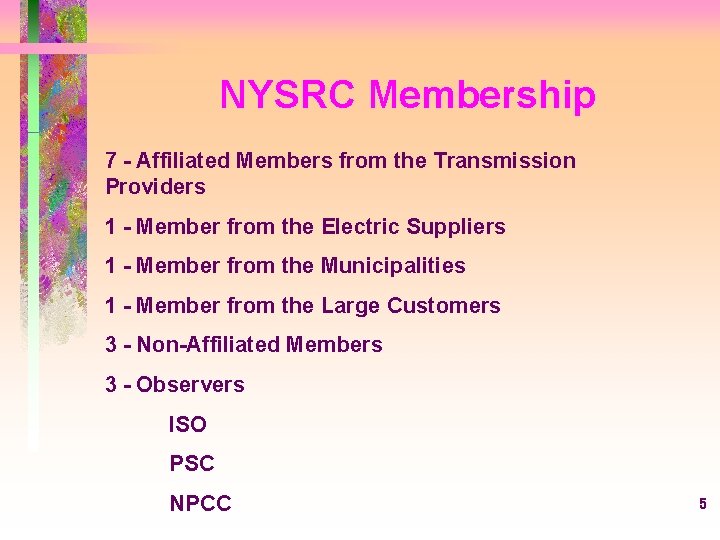 NYSRC Membership 7 - Affiliated Members from the Transmission Providers 1 - Member from